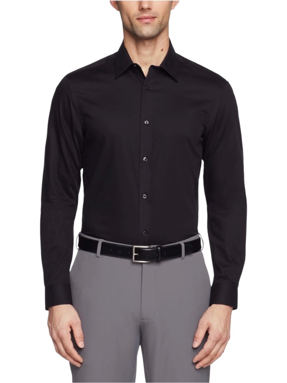 Calvin Klein Mens Steel Slim Fit Non-Iron Herringbone Dress Shirt Black XL 17 34